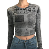 Newspaper Printed Long Sleeve Top